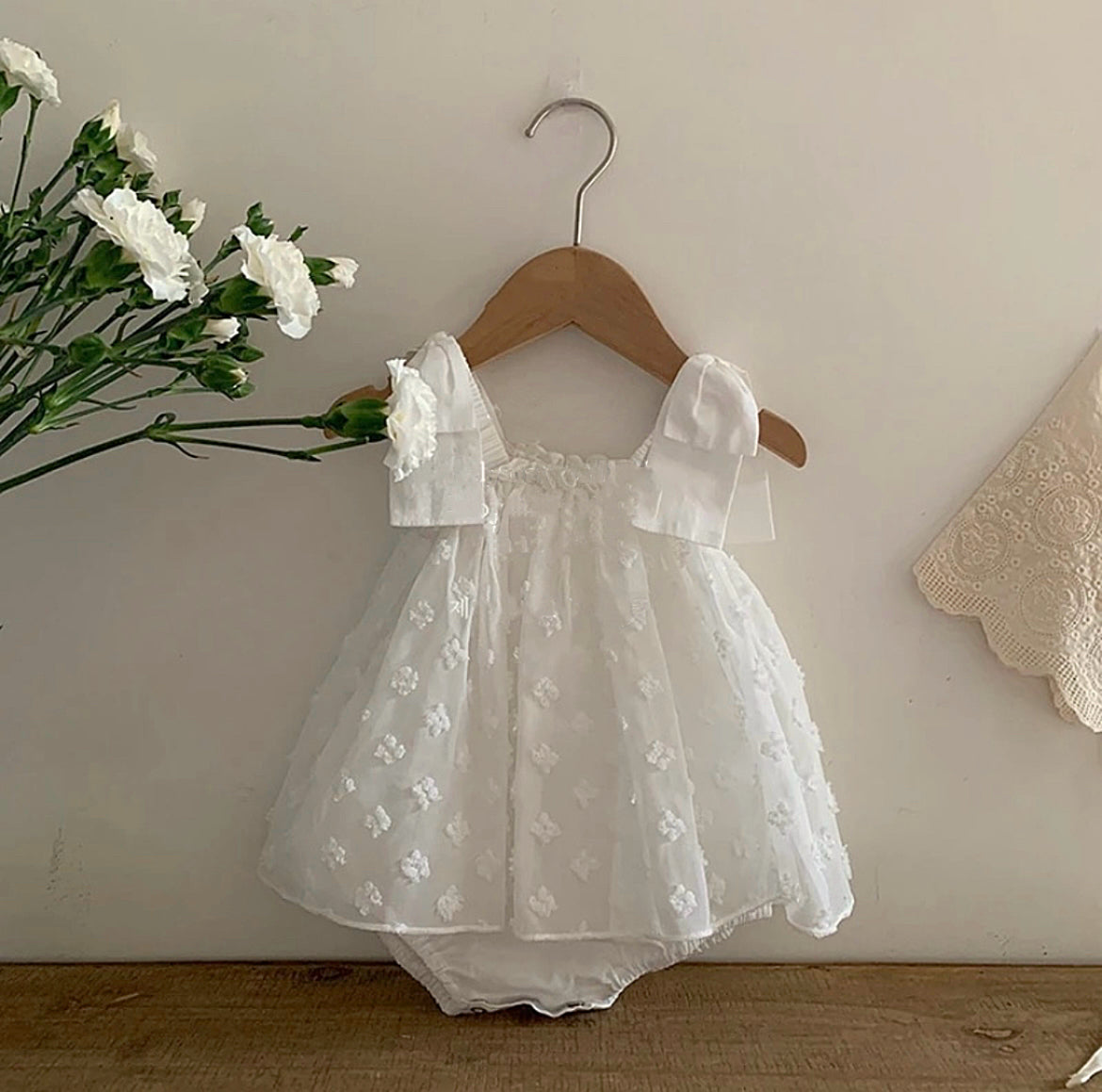 White Bow Strap Pearl Romper image 2