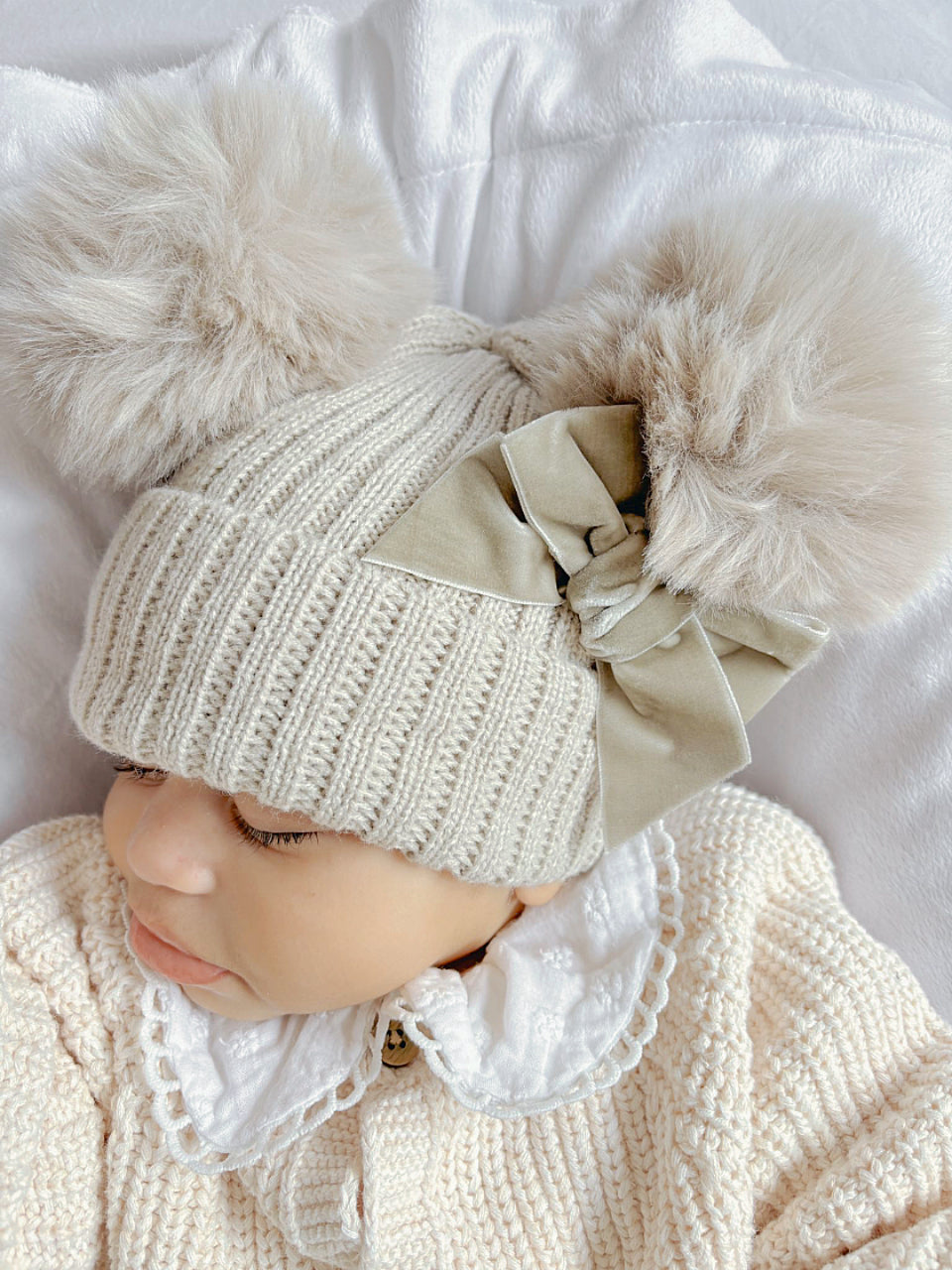 Soft Knit Pom Pom Hat - Biscuit/Berry image 0