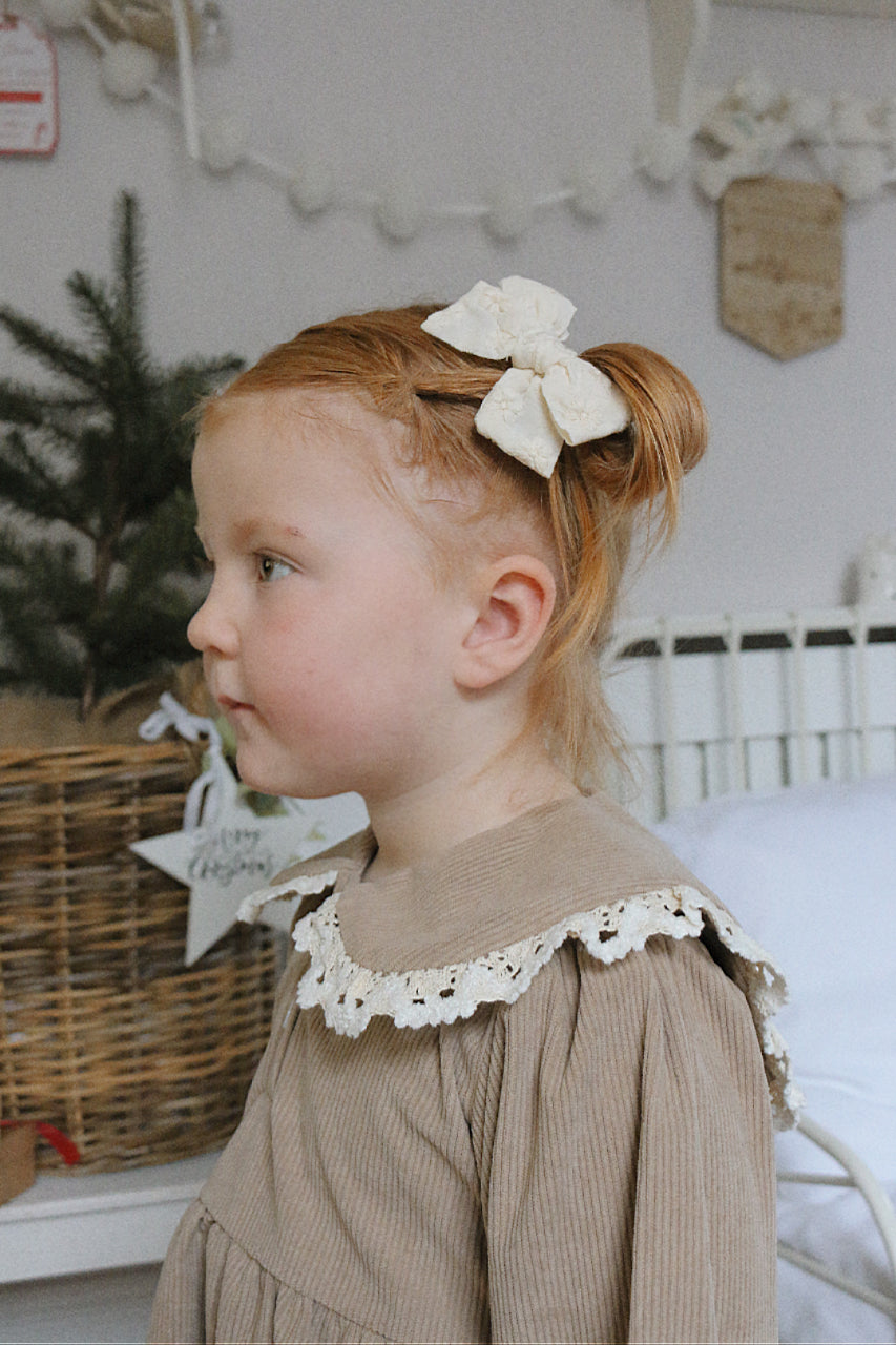 Cream Embroidery Cotton Pigtail Bows image 0