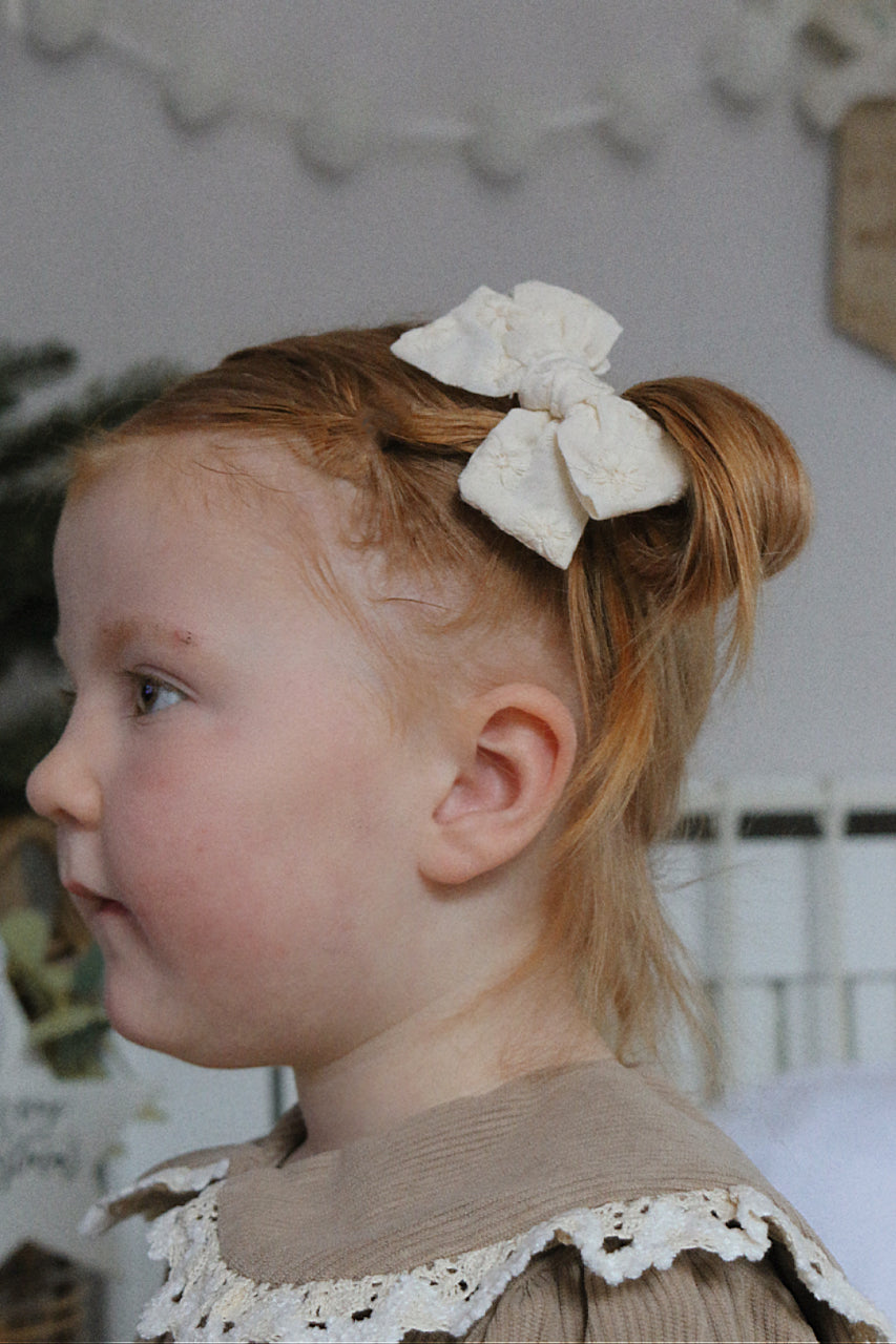 Cream Embroidery Cotton Pigtail Bows image 1