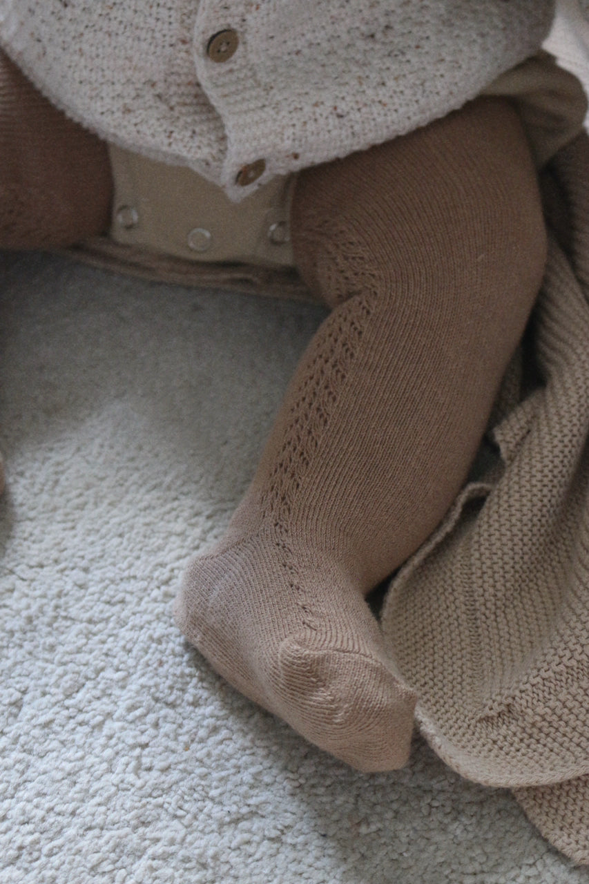 COTTON BLEND SIDE OPENWORK TIGHTS - MOCHA