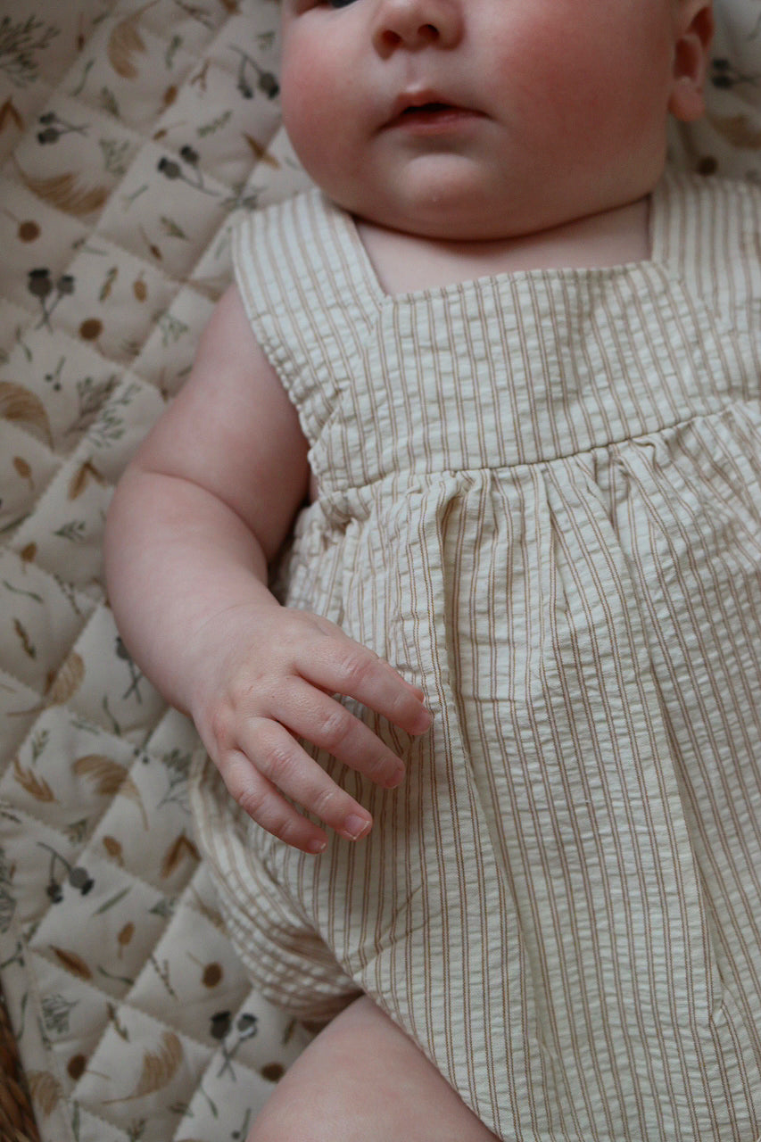 NEUTRAL STRIPE COTTON ROMPER - CARAMEL