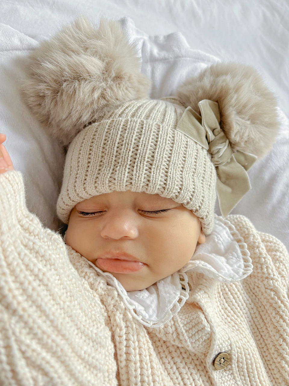 Soft Knit Pom Pom Hat - Biscuit/Berry image 2