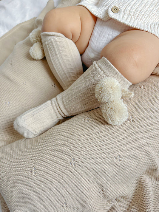 Beige Pom Knee Socks image 0