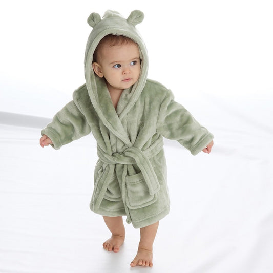 BEAR HOOD FLEECE DRESSING GOWN - SAGE