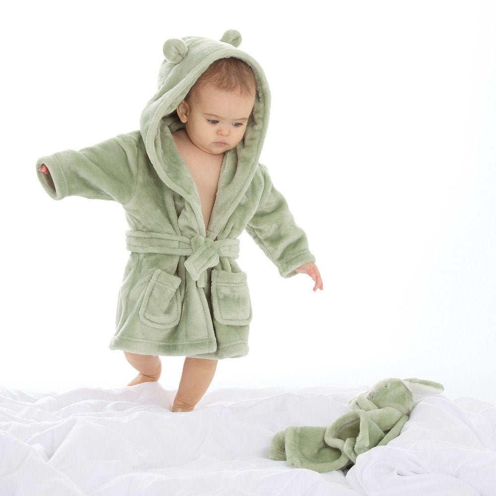 BEAR HOOD FLEECE DRESSING GOWN - SAGE