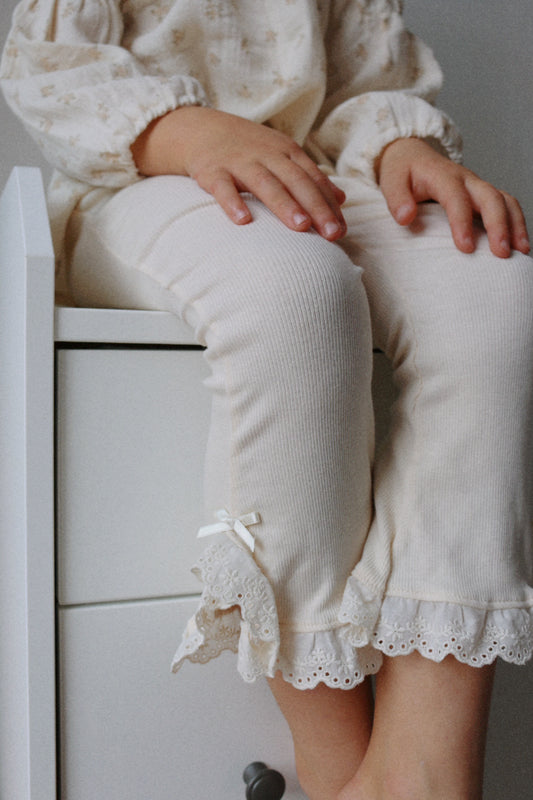 CREAM RIBBED COTTON FLARED PANTS
