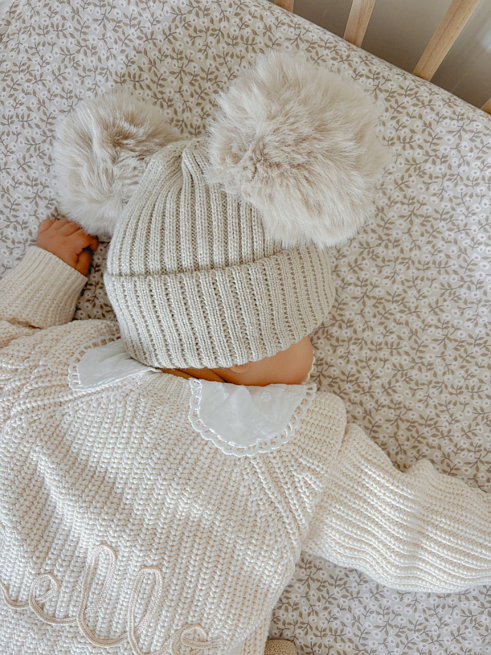 Soft Knit Pom Pom Hat - Biscuit/Berry image 1