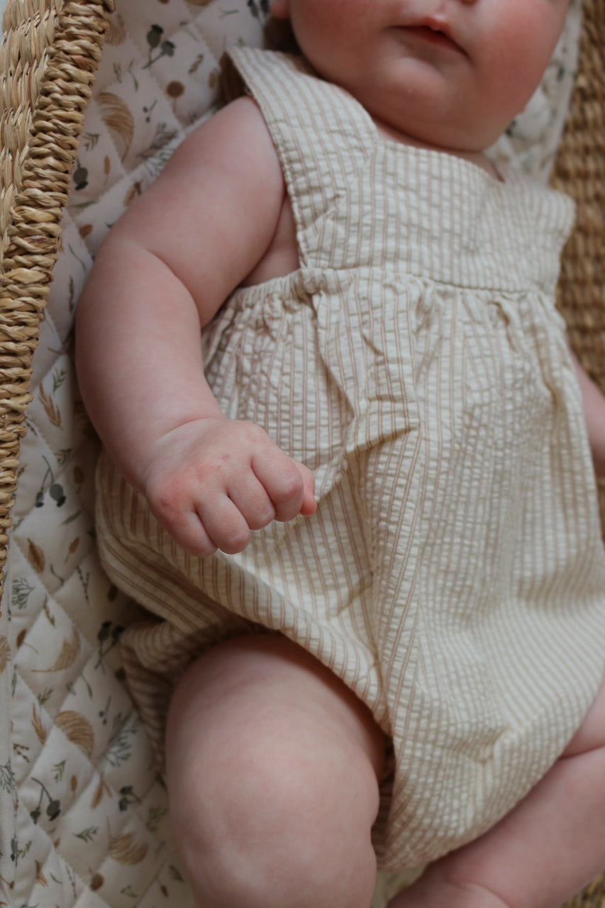 NEUTRAL STRIPE COTTON ROMPER - CARAMEL