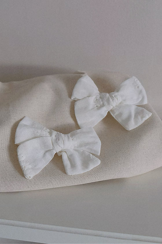 BRODERIE PIGTAIL BOW SET - WHITE/ROSE