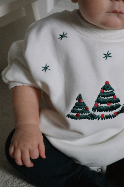 CHRISTMAS EMBROIDERED JERSEY PLUSH SNOW ROMPER