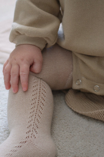 COTTON BLEND SIDE OPENWORK TIGHTS - BISCUIT