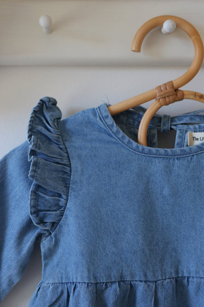 BLUE CHAMBRAY RUFFLE ROMPER
