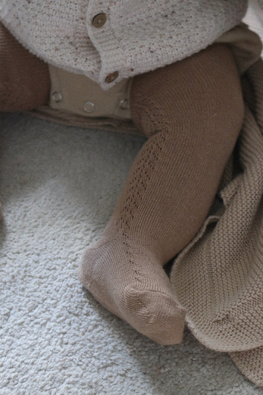 COTTON BLEND SIDE OPENWORK TIGHTS - MOCHA