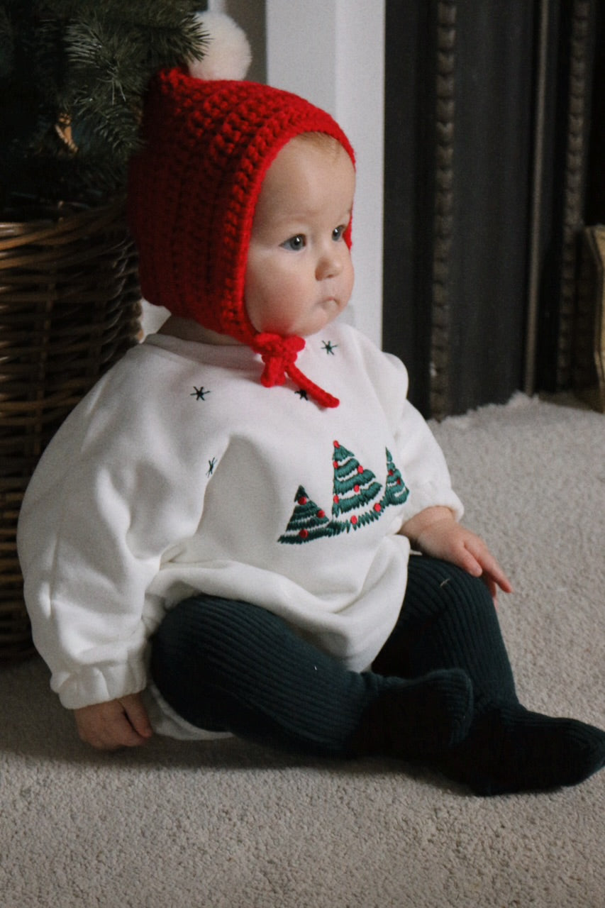 CHRISTMAS EMBROIDERED JERSEY PLUSH SNOW ROMPER