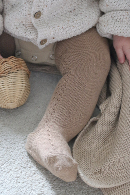 COTTON BLEND SIDE OPENWORK TIGHTS - MOCHA