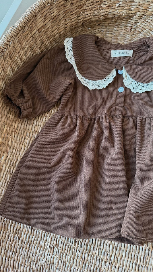 CORDUROY SMOCK DRESS WITH LACE TRIM COLLAR - CHOCOLATE