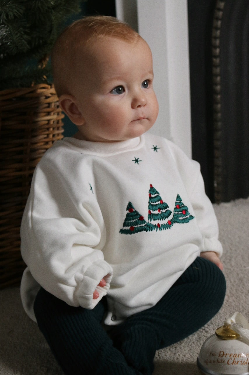 CHRISTMAS EMBROIDERED JERSEY PLUSH SNOW ROMPER