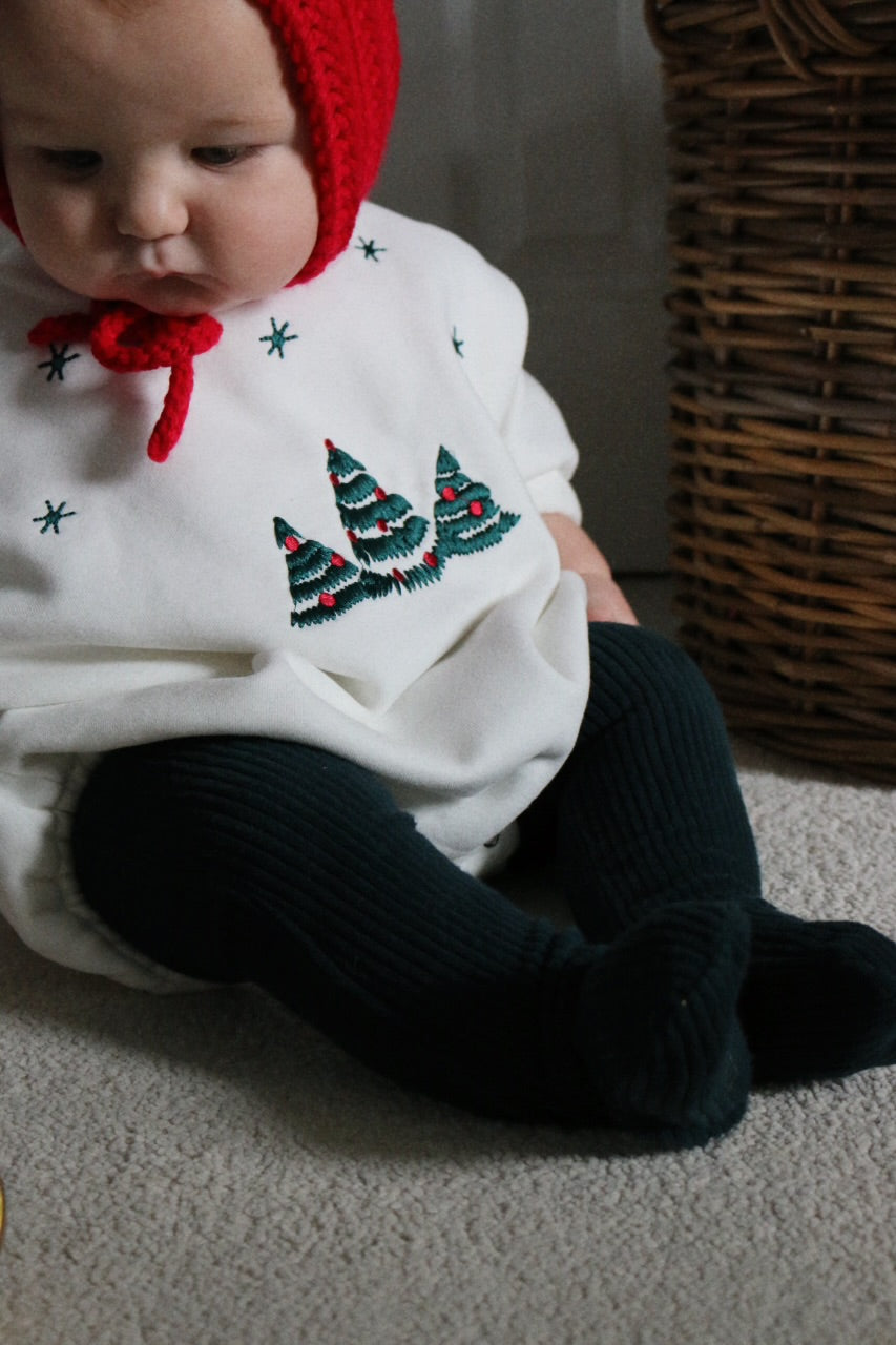 CHRISTMAS EMBROIDERED JERSEY PLUSH SNOW ROMPER