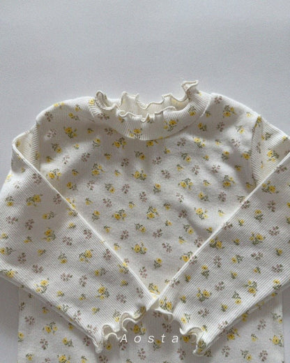 DAINTY FLORAL RIBBED COTTON FRILLED NECK TOP