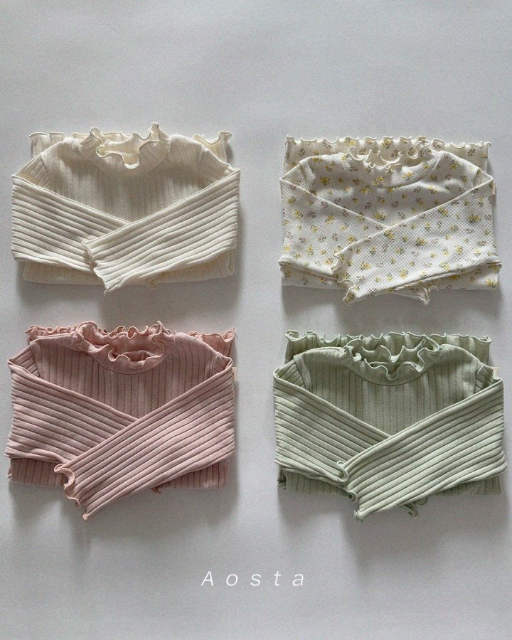 SAGE RIBBED COTTON FRILLED NECK TOP