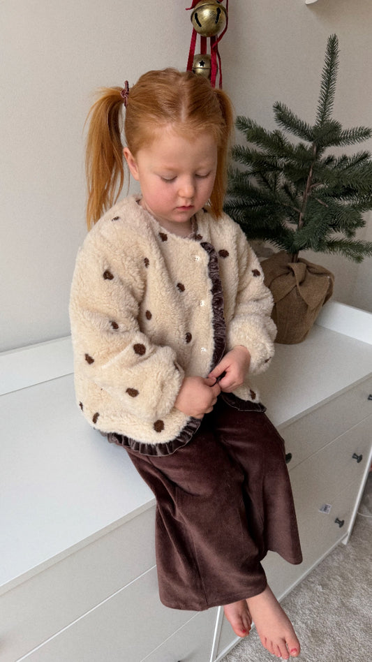 PRE-ORDER TEDDY FUR POLKA DOT VELVET TRIM JACKET