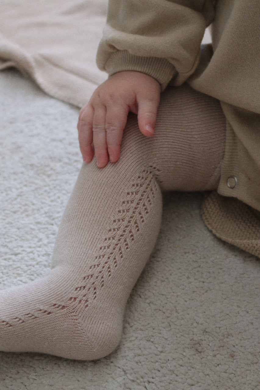 COTTON BLEND SIDE OPENWORK TIGHTS - BISCUIT