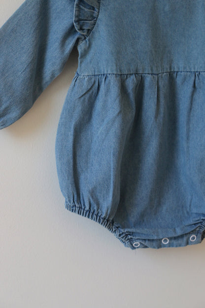 BLUE CHAMBRAY RUFFLE ROMPER