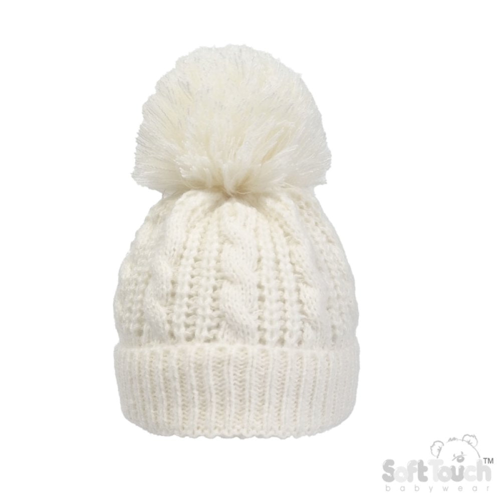 CREAM CABLE KNITTED SOFT POM HAT