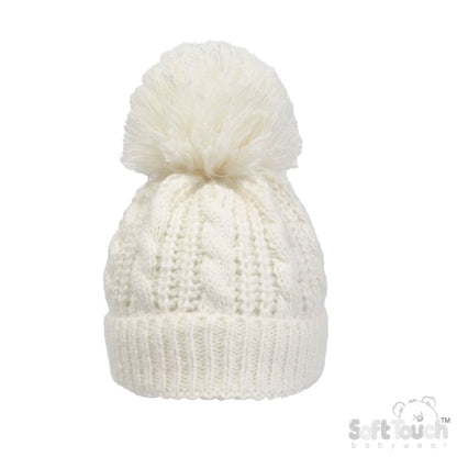 CREAM CABLE KNITTED SOFT POM HAT