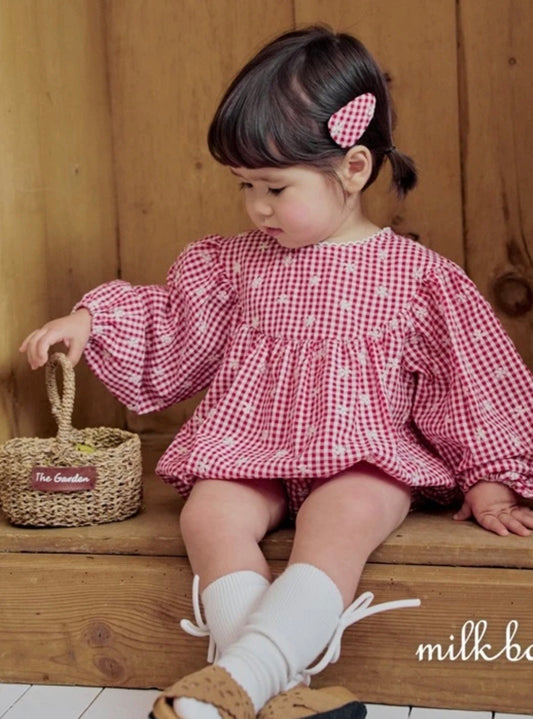 FLORAL EMBROIDERED GINGHAM COTTON ROMPER
