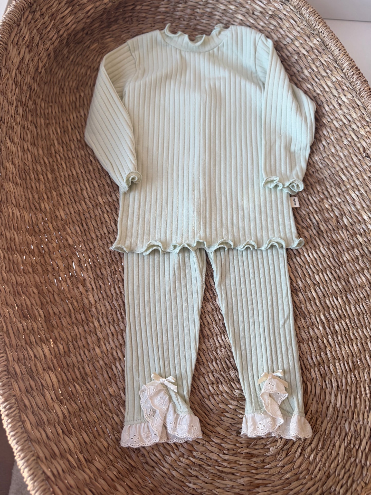 SAGE RIBBED COTTON BRODEDRIE TRIM LEGGINGS