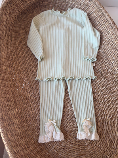 SAGE RIBBED COTTON BRODEDRIE TRIM LEGGINGS