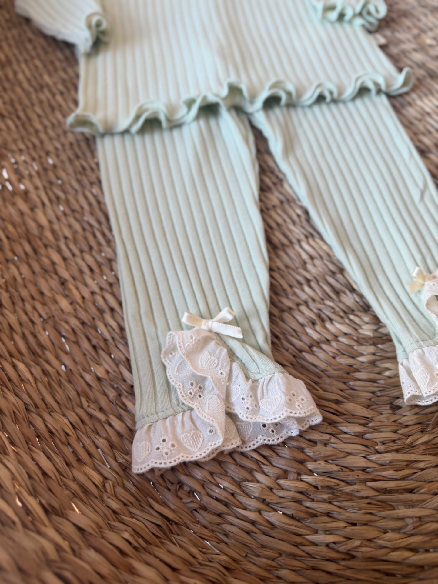 SAGE RIBBED COTTON BRODEDRIE TRIM LEGGINGS