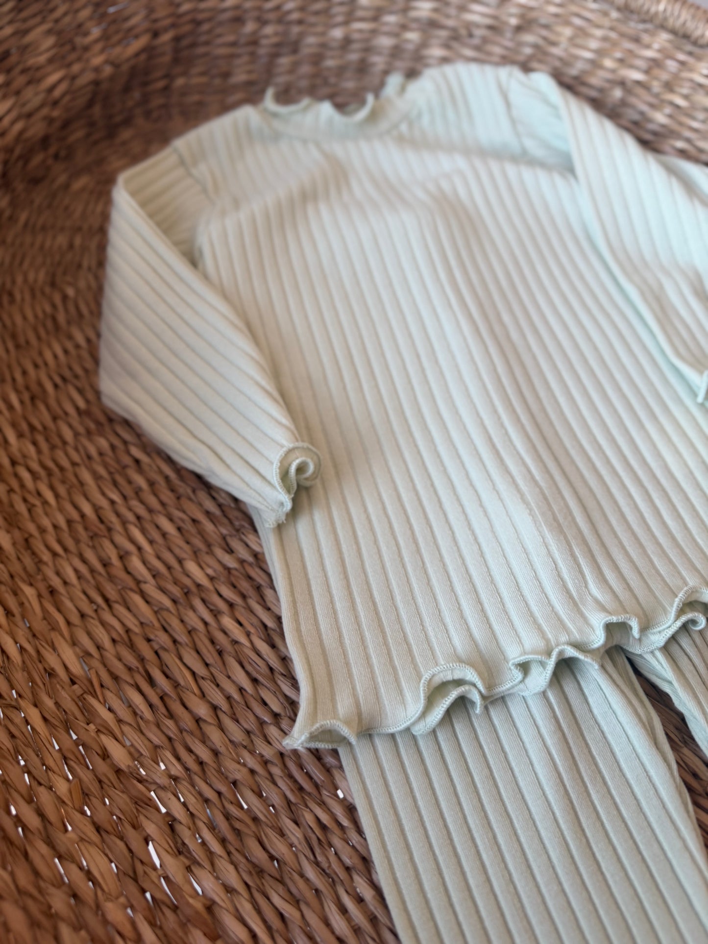 SAGE RIBBED COTTON FRILLED NECK TOP