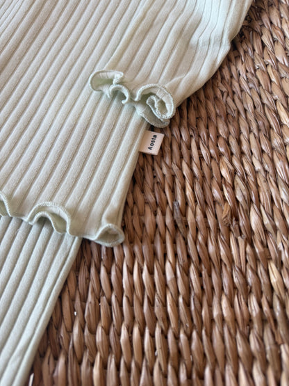 SAGE RIBBED COTTON FRILLED NECK TOP