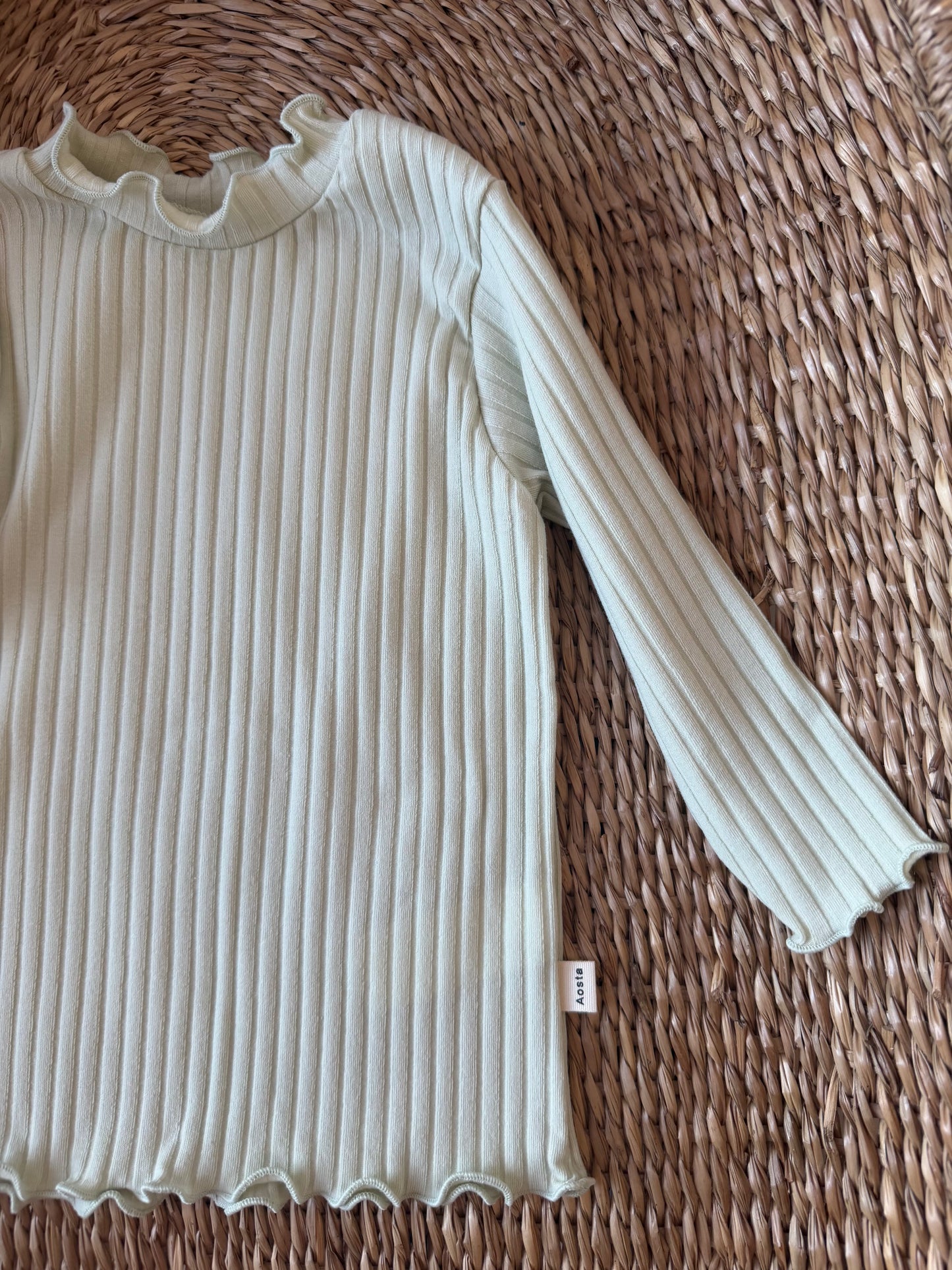 SAGE RIBBED COTTON FRILLED NECK TOP