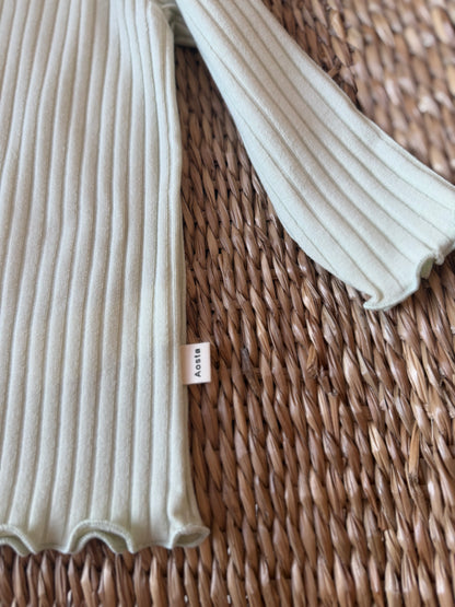 SAGE RIBBED COTTON FRILLED NECK TOP