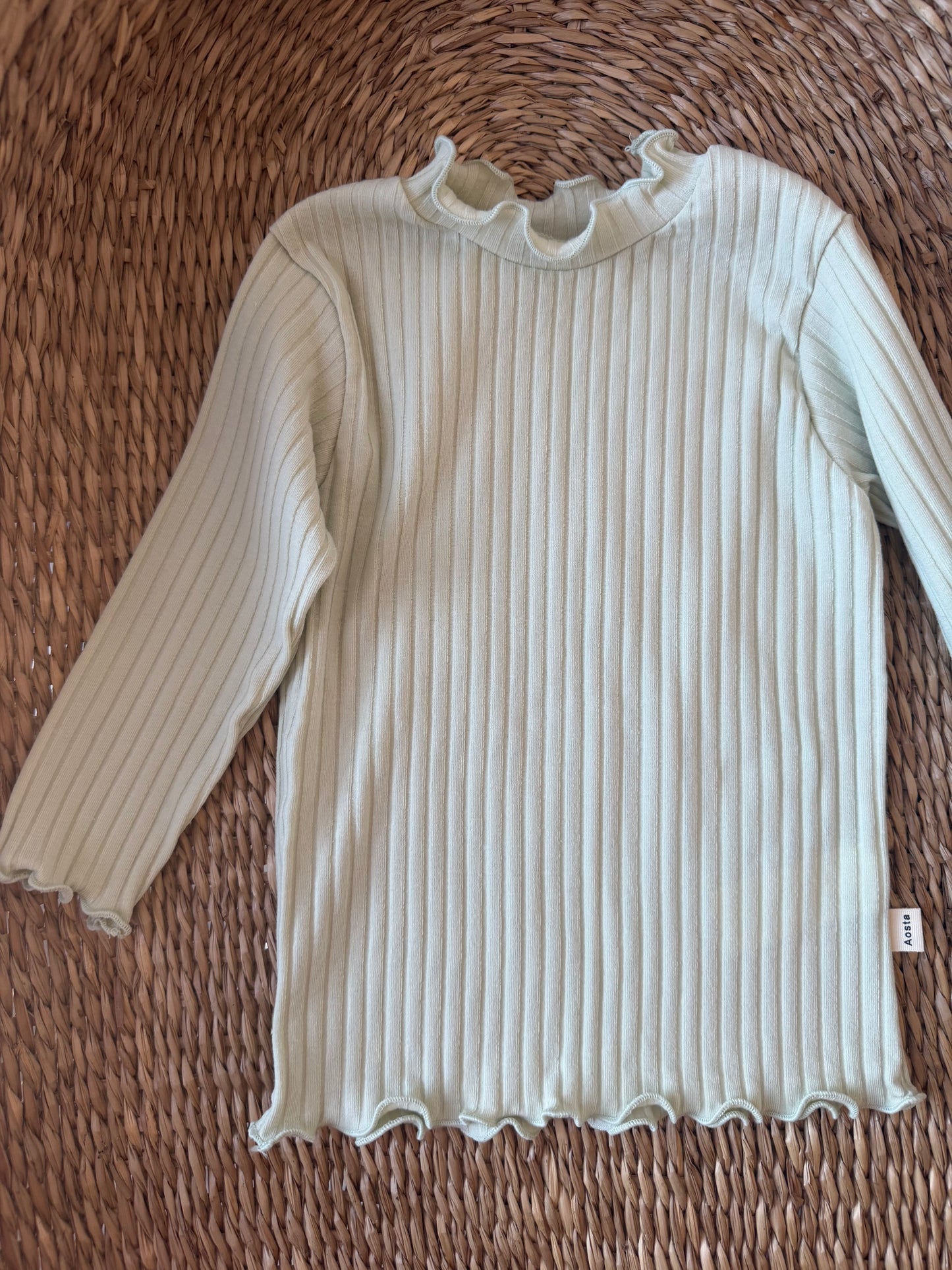SAGE RIBBED COTTON FRILLED NECK TOP
