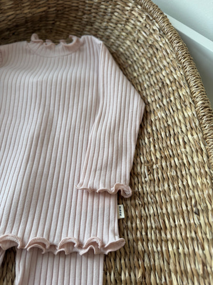 PINK RIBBED COTTON FRILLED NECK TOP