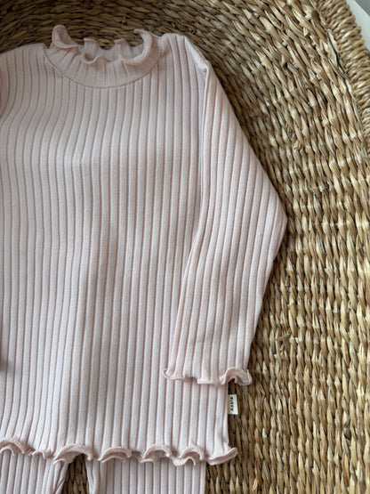 PINK RIBBED COTTON FRILLED NECK TOP