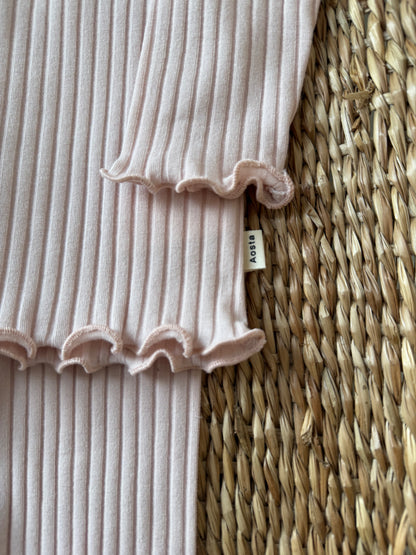 PINK RIBBED COTTON FRILLED NECK TOP