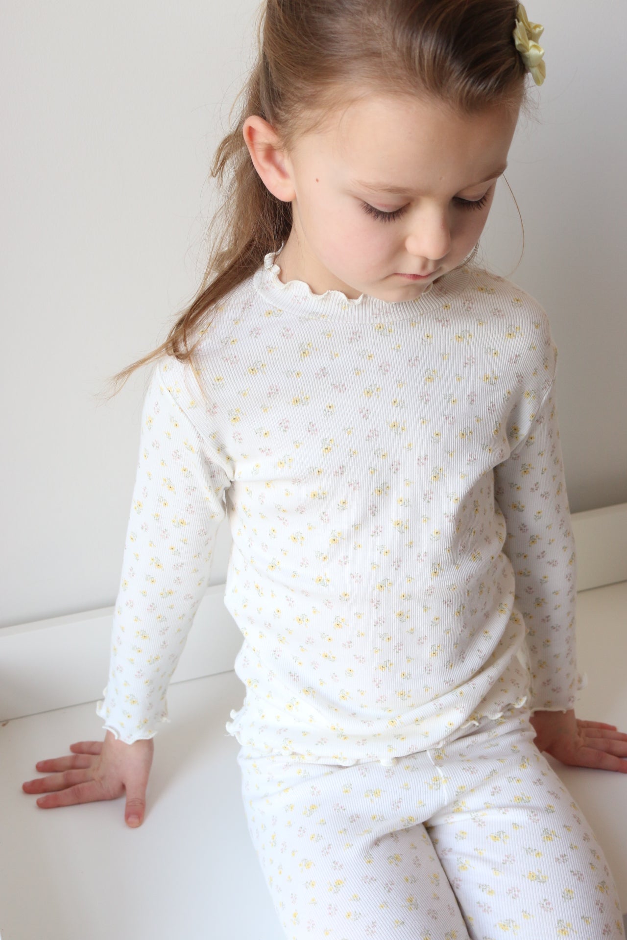 DAINTY FLORAL RIBBED COTTON FRILLED NECK TOP