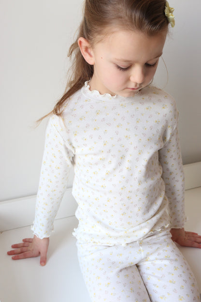 DAINTY FLORAL RIBBED COTTON FRILLED NECK TOP