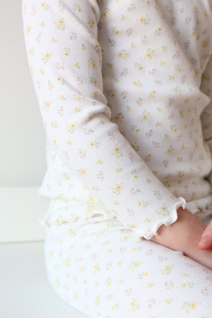 DAINTY FLORAL RIBBED COTTON FRILLED NECK TOP