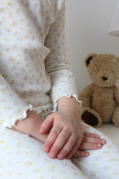 DAINTY FLORAL RIBBED COTTON FRILLED NECK TOP