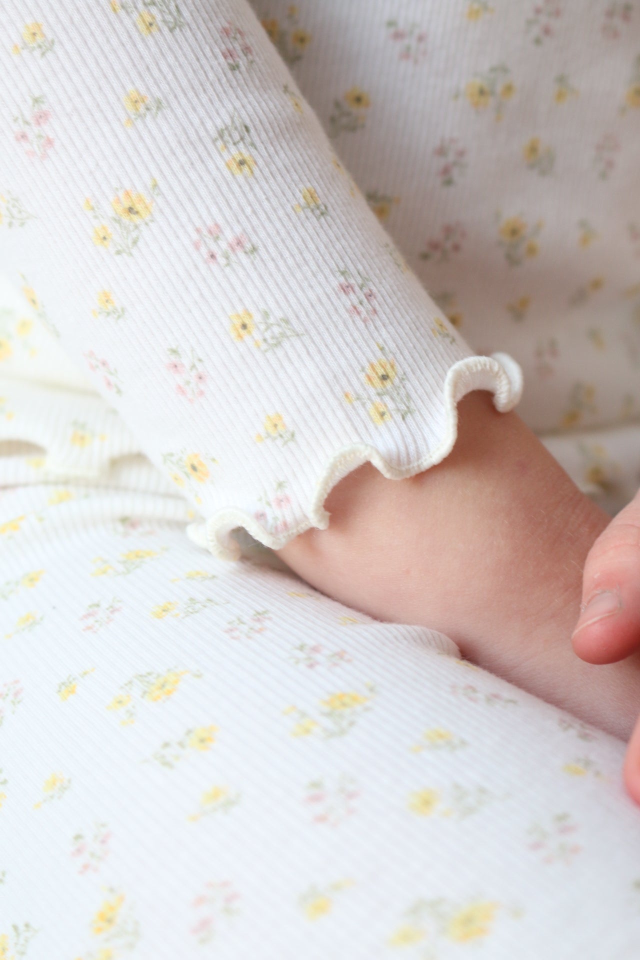 DAINTY FLORAL RIBBED COTTON FRILLED NECK TOP