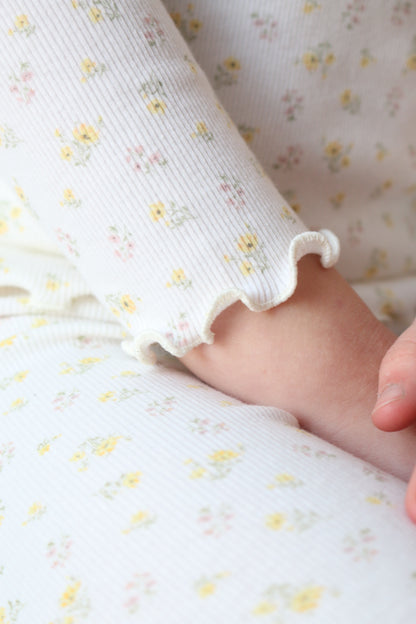 DAINTY FLORAL RIBBED COTTON FRILLED NECK TOP