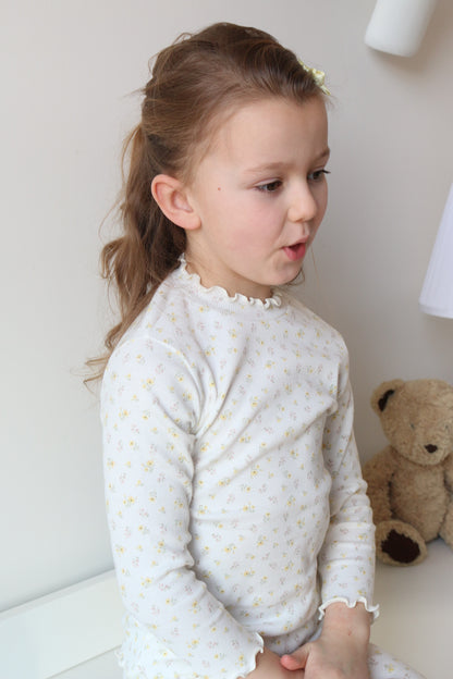 DAINTY FLORAL RIBBED COTTON FRILLED NECK TOP