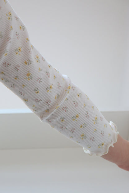 DAINTY FLORAL RIBBED COTTON FRILLED NECK TOP